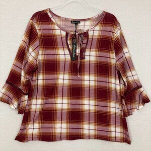 New Alison Andrews Brown Purple‎ Plaid Ruffle Sleeve Tie Front Feminine Top XL
